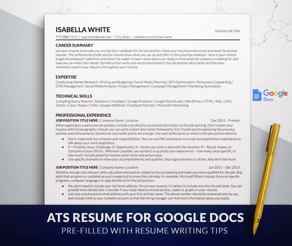 ATS Friendly Resume Template Google Docs Isabella White BestResumes Co