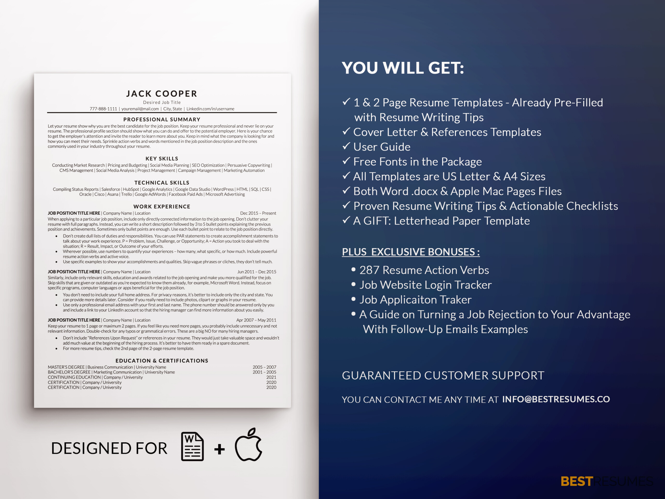 5 Cover Letter Resume in Bulk 1 & 2 pages CV ATS friendly Word and Mac Pages 5 CV 5 References