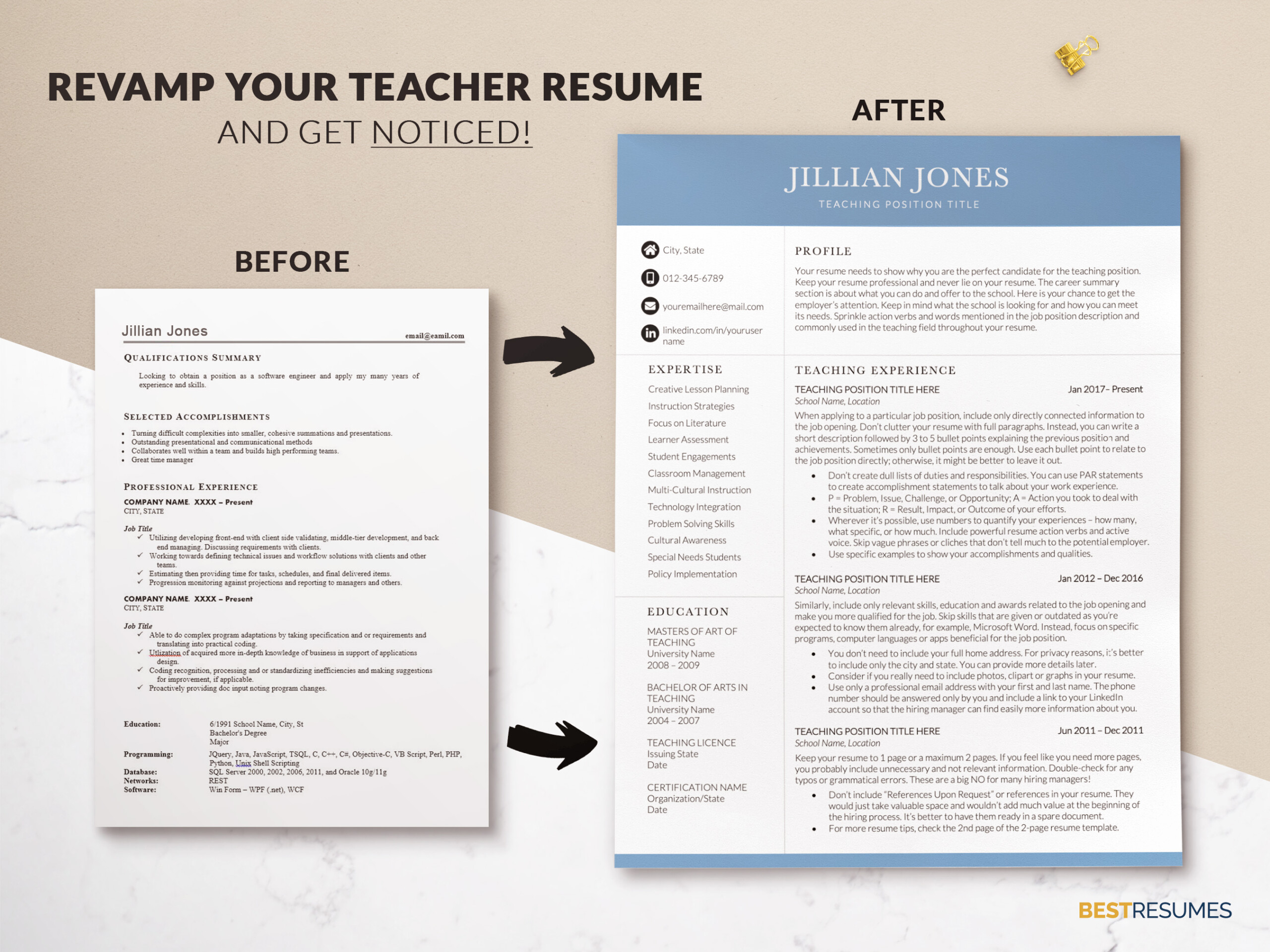 Experienced Teachering Resume Template and Cover Letter Revamp Teacher Resume Jillian Jones