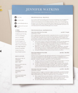 Modern CV Template for Teacher Job in Word One Page Resume Jennifer Watkins