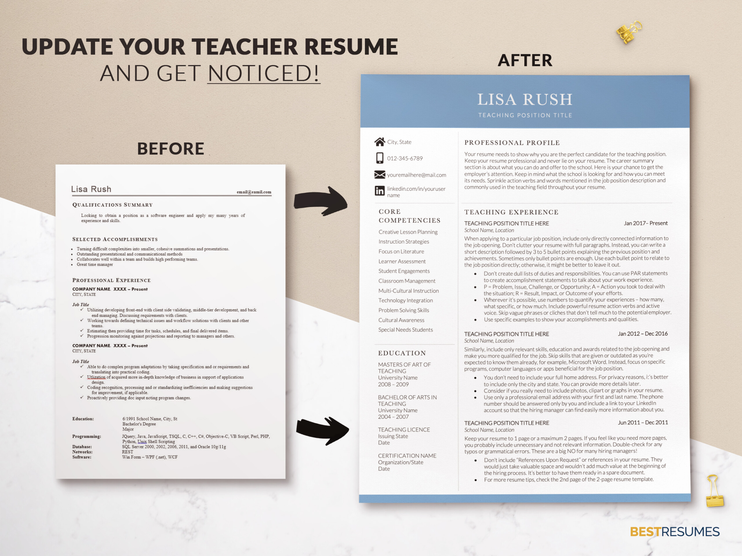 Professional Educator CV Template and Cover Letter Update your Teacher Resume Lisa Rush