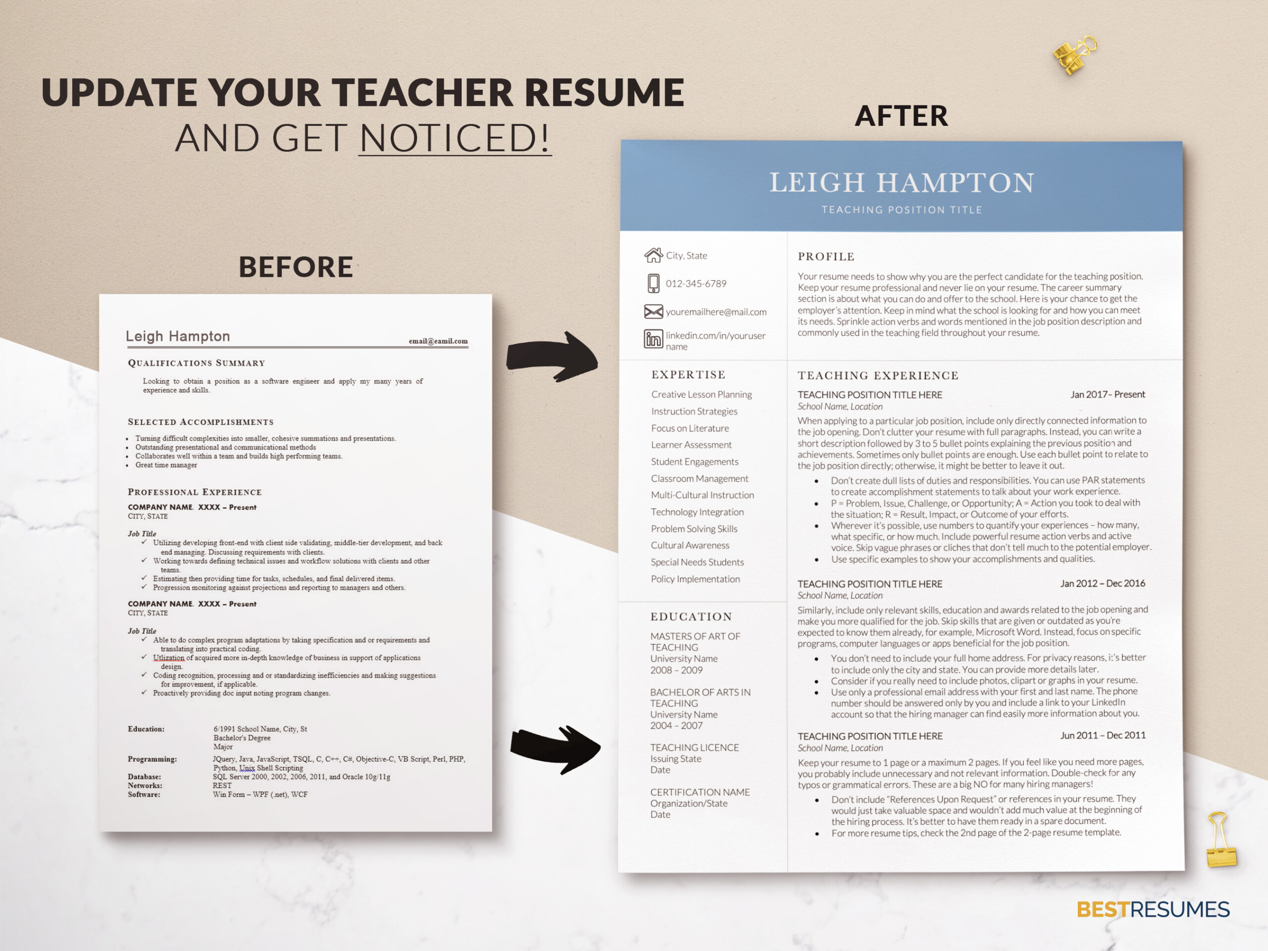 Professional Teacher Resume Word and Cover Letter Update your Teacher Resume Leigh Hampton