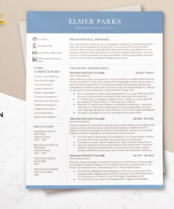 Professional Teacher Resume and Cover Letter Template One Page Resume Elmer Parks