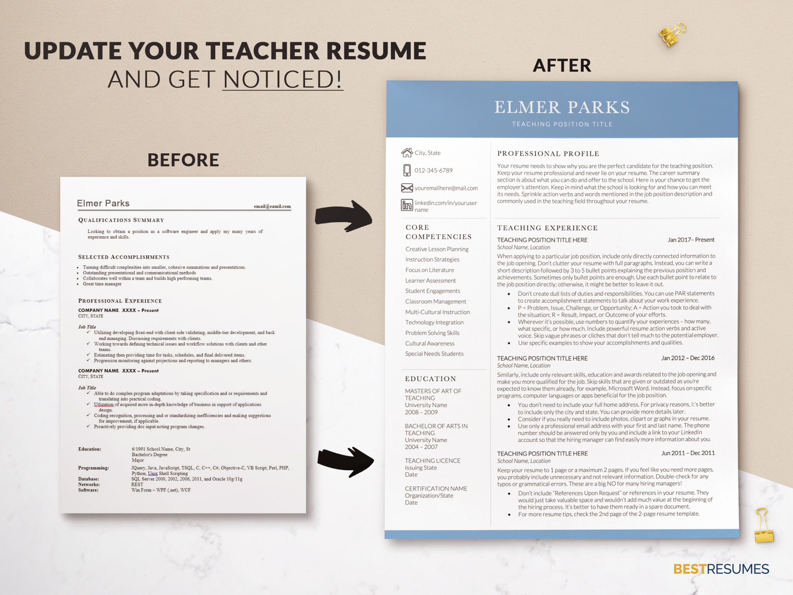 Professional Teacher Resume and Cover Letter Template Update Your Teacher Resume Elmer Parks