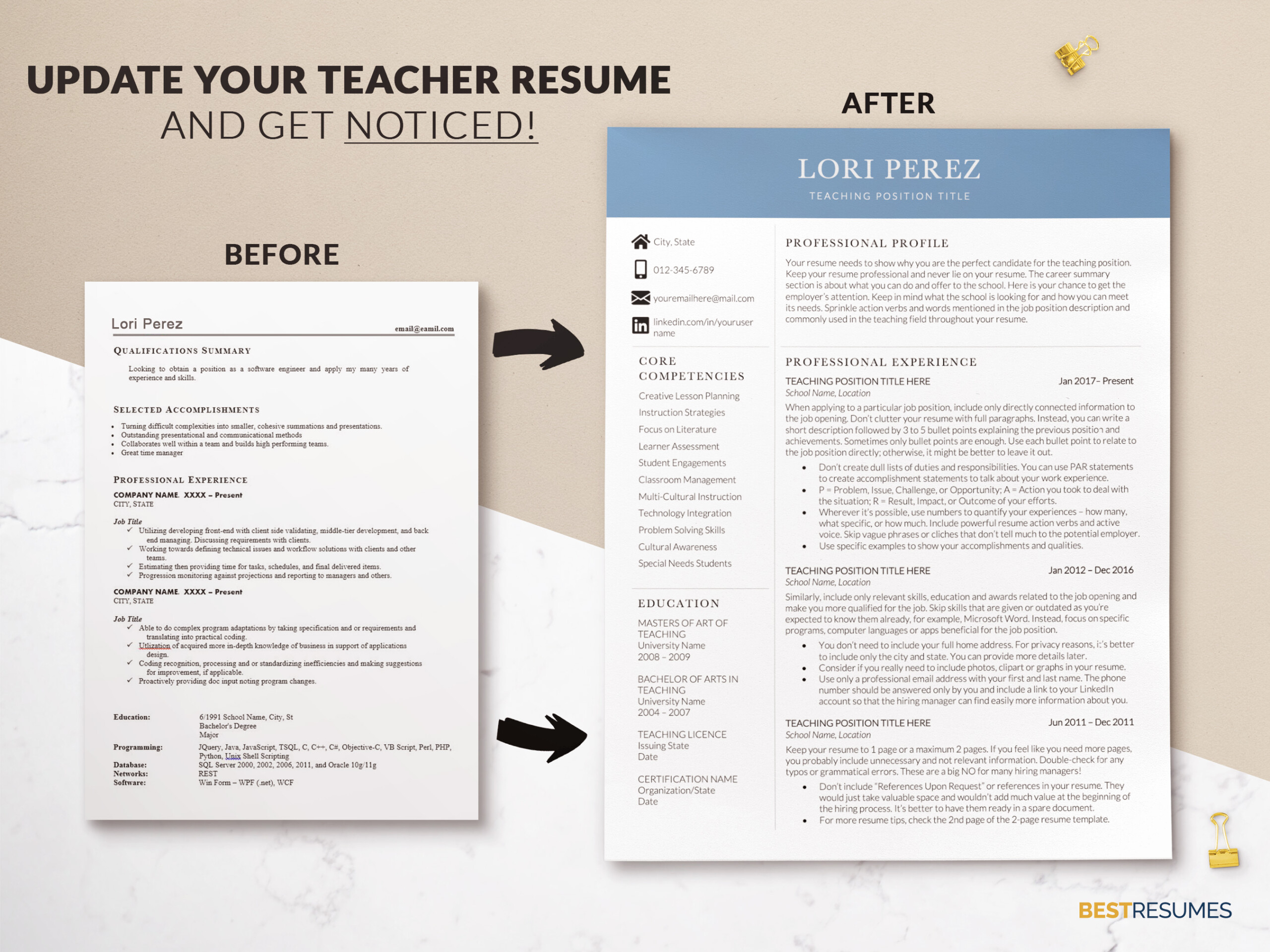 Professional Teaching Resume and Cover Letter Update your Teacher Resume Lori Perez