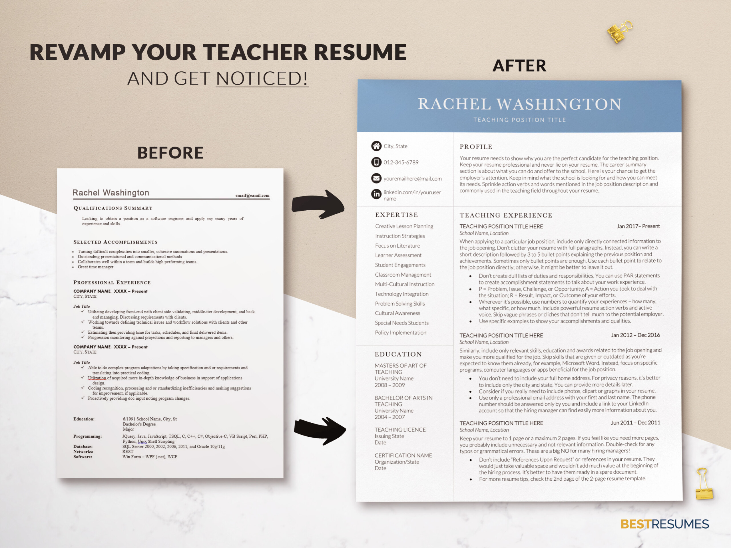 Resume Template for Educators and Teachers Job Revamp your Teacher Resume Rachel Washington