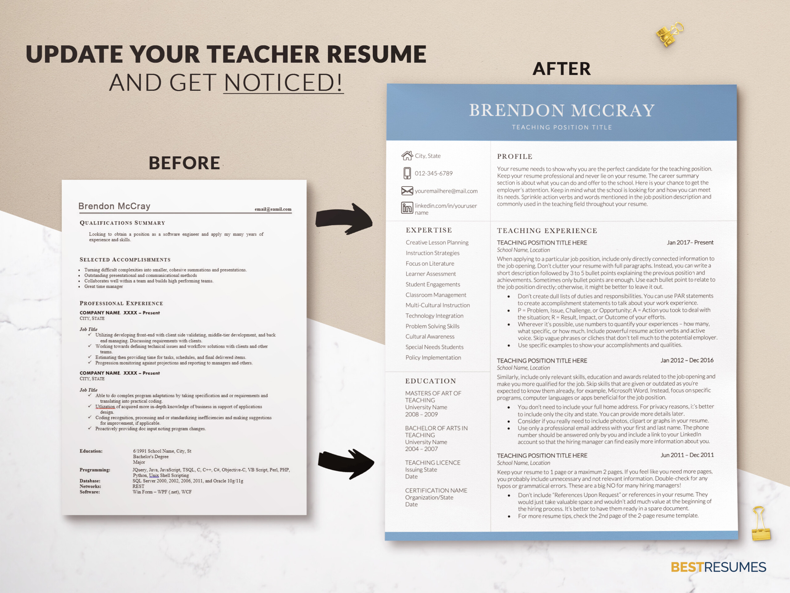 Two Column Resume for Teaching Job and Cover Letter Update your Teacher Resume Brendon McCray